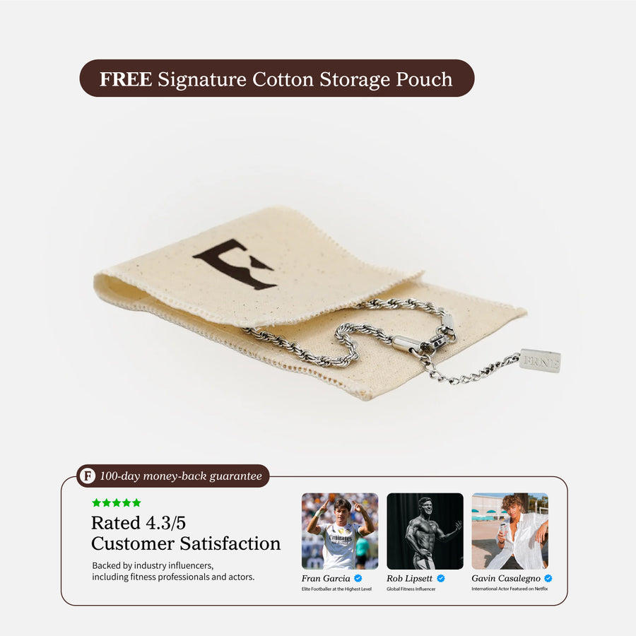 Premium silver chain bracelet by FRNE with free cotton storage pouch and extension chain on white background