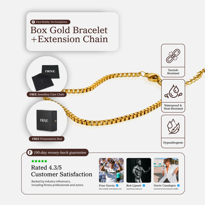 Gold box chain bracelet with extension chain, packaging and product features on white background