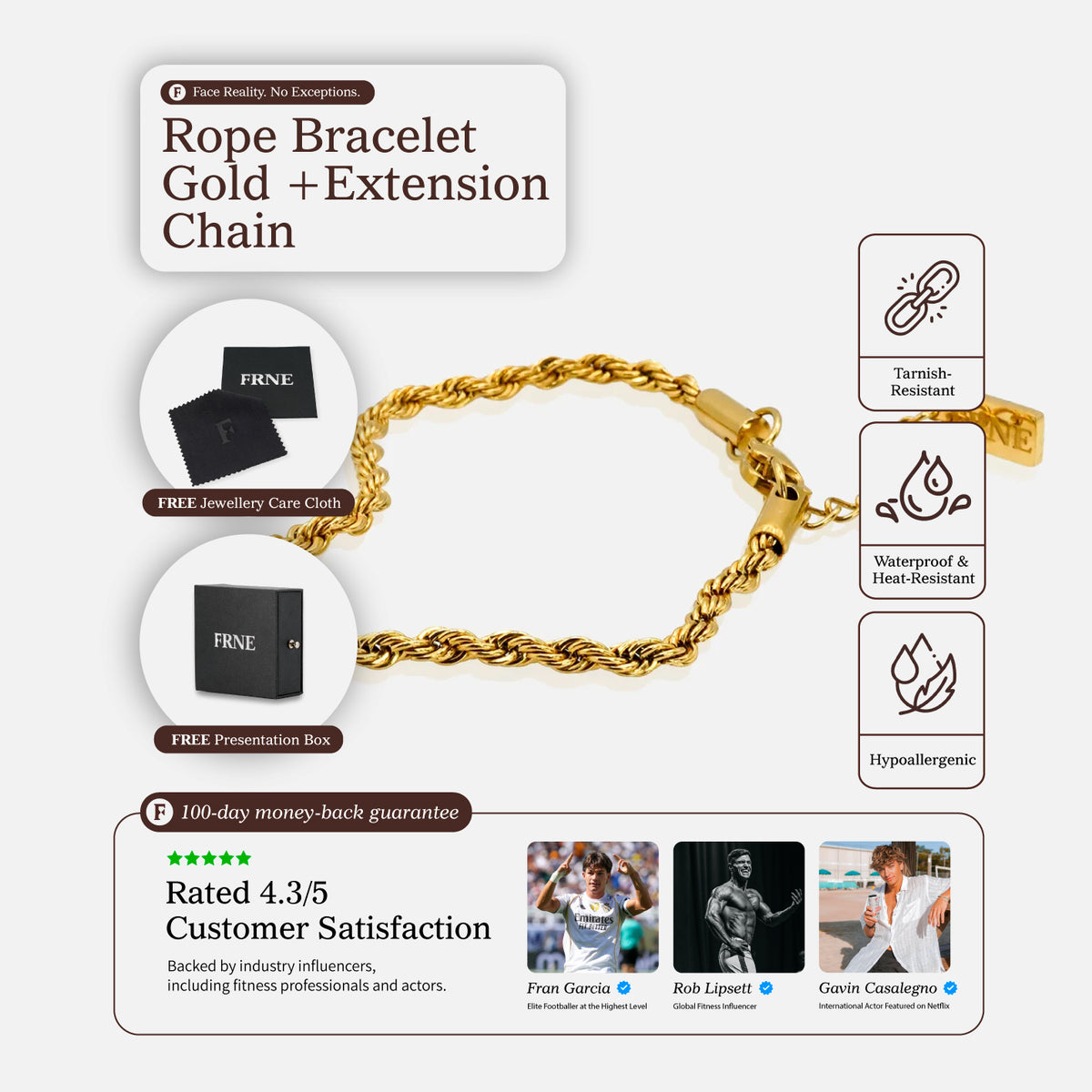 Gold rope bracelet with extension chain and feature icons showing tarnish resistant, waterproof and hypoallergenic qualities