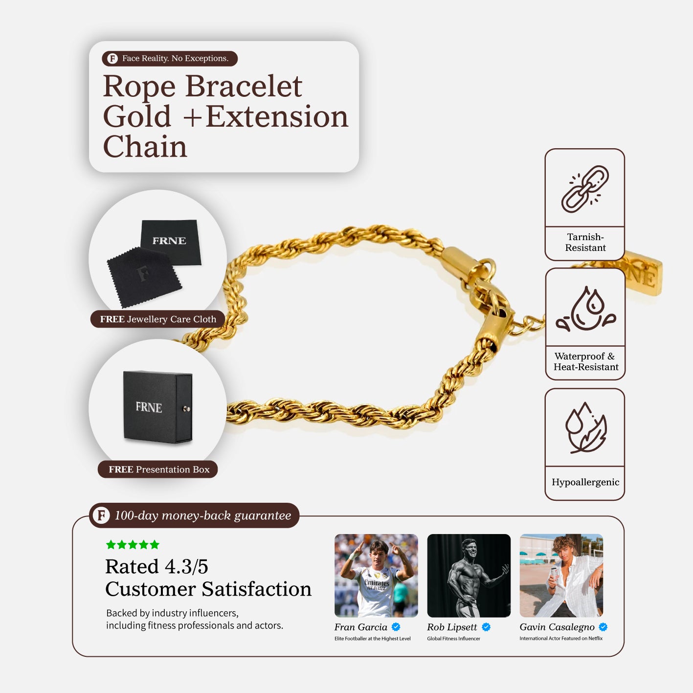 Gold rope bracelet with extension chain and feature icons showing tarnish resistant, waterproof and hypoallergenic qualities