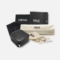 Premium FRNE jewellery collection with branded packaging including box, pouch and cleaning cloth on white background