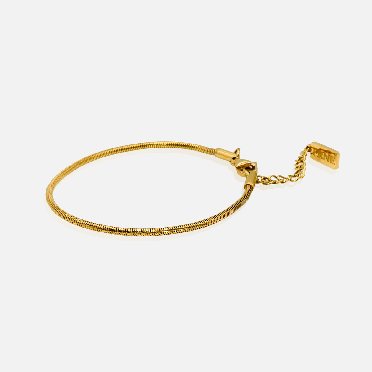 Premium gold snake chain bracelet by FRNE with minimalist design and extension chain on white background
