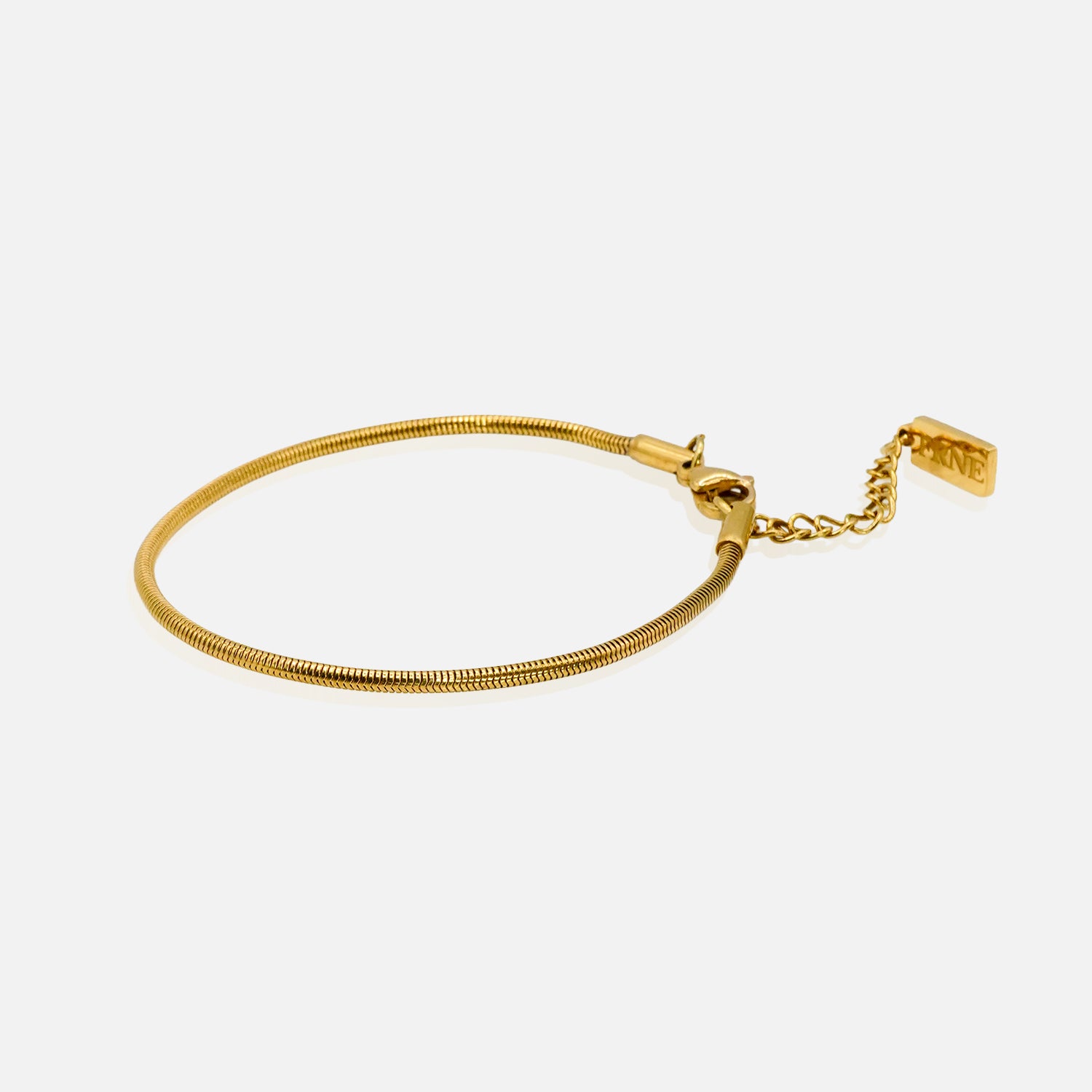 Premium gold snake chain bracelet by FRNE with minimalist design and extension chain on white background