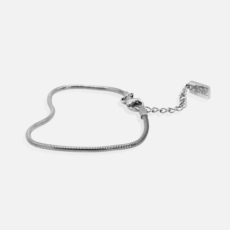Premium silver snake chain bracelet by FRNE with minimalist design on white background