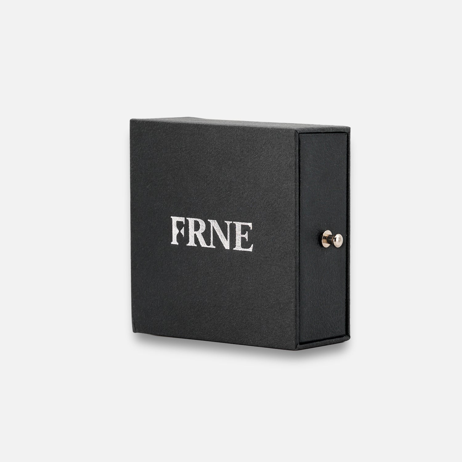 Premium black jewellery box by FRNE with minimalist design on white background