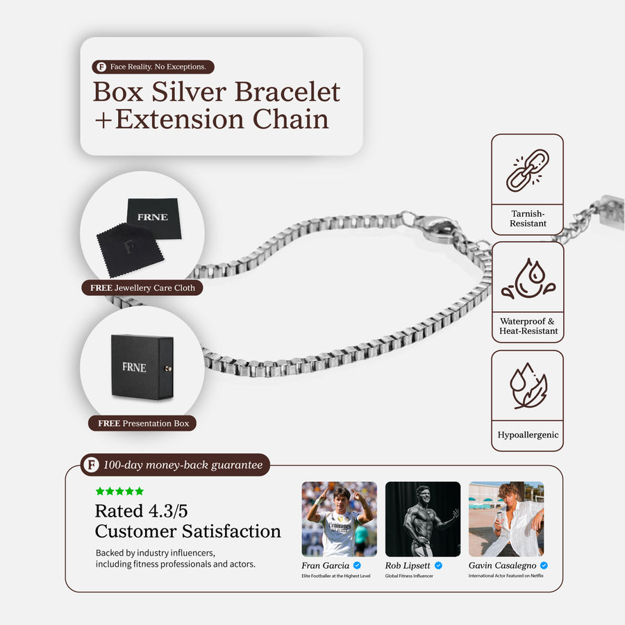 Silver box chain bracelet with extension chain, packaging and product features on white background