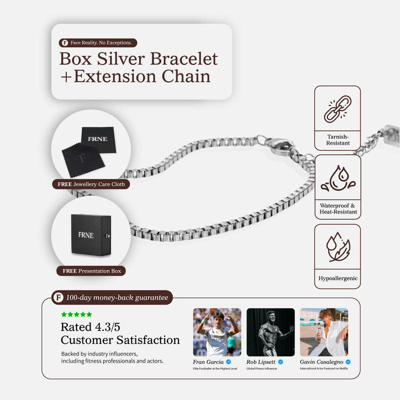 Silver box chain bracelet with extension chain, packaging and product features on white background