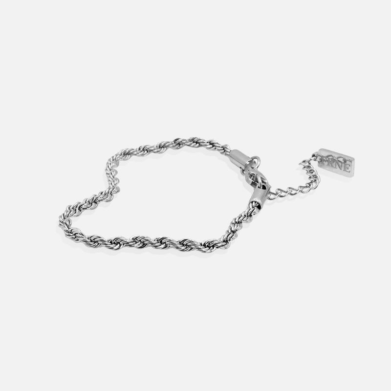 Silver rope chain bracelet by FRNE isolated on a white background