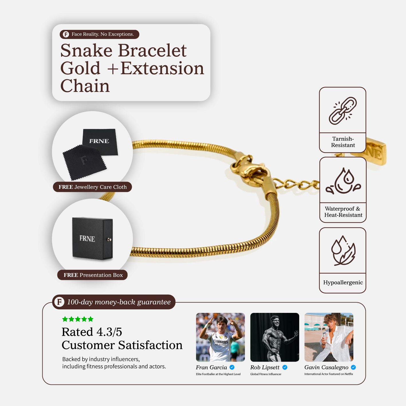 Premium gold snake chain bracelet by FRNE with extension chain and features including tarnish resistant, waterproof and hypoallergenic design