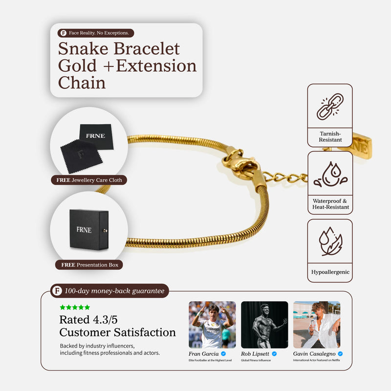 Premium gold snake chain bracelet by FRNE with extension chain and features including tarnish resistant, waterproof and hypoallergenic design