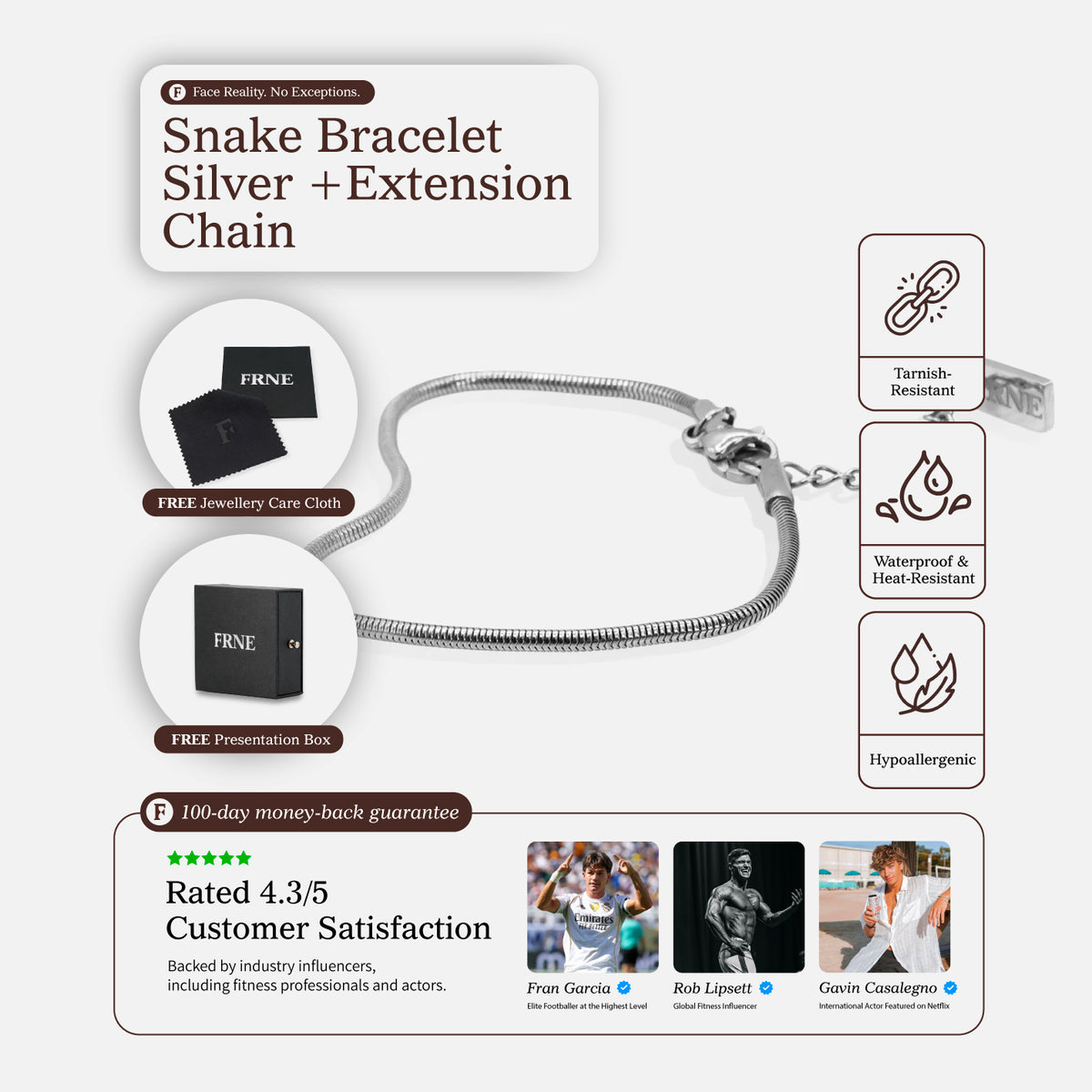 Premium silver snake chain bracelet by FRNE with extension chain and product features including tarnish resistant, waterproof and hypoallergenic design