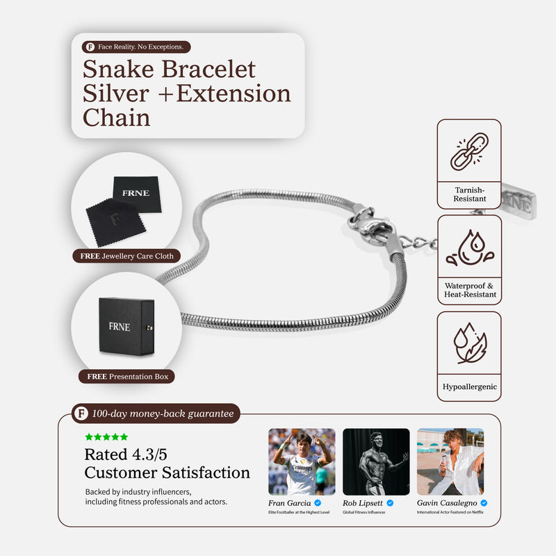 Premium silver snake chain bracelet by FRNE with extension chain and product features including tarnish resistant, waterproof and hypoallergenic design