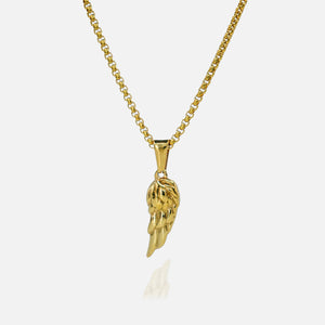 Gold necklace with a wing-shaped pendant on a white background