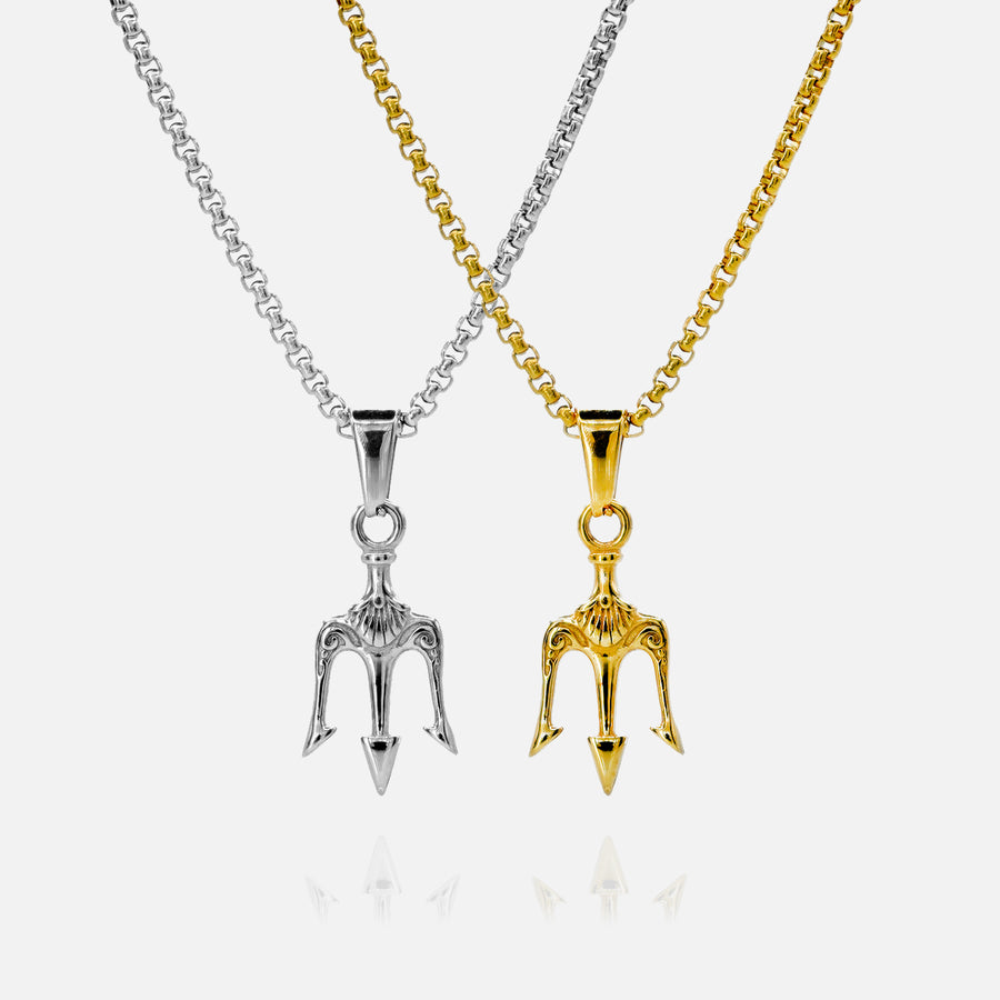 Two necklaces with unique pendants, one silver and one gold, on a white background.