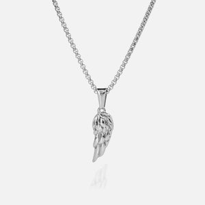 Silver necklace with a wing-shaped pendant on a white background