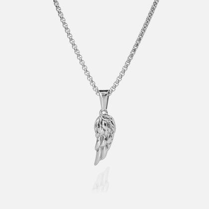 Silver necklace with a wing-shaped pendant on a white background