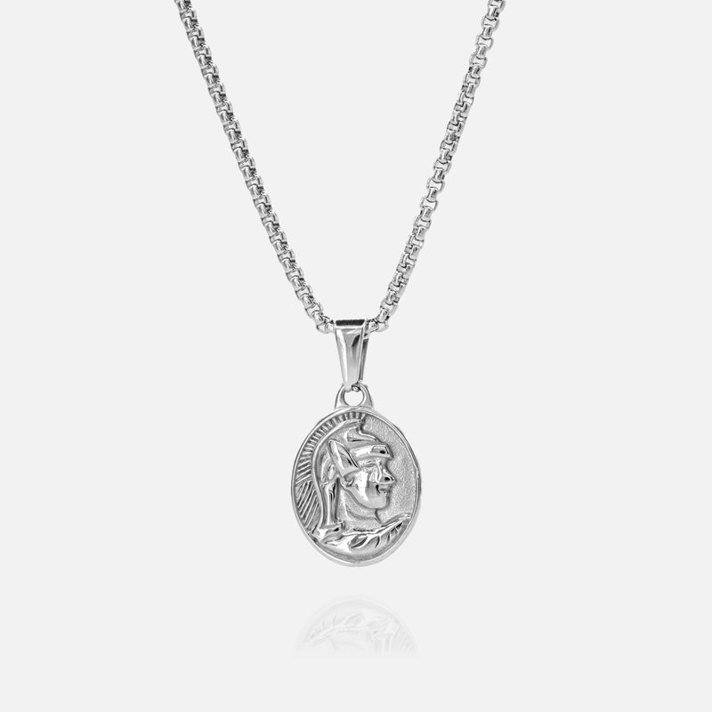 Silver necklace with a pendant on a white background