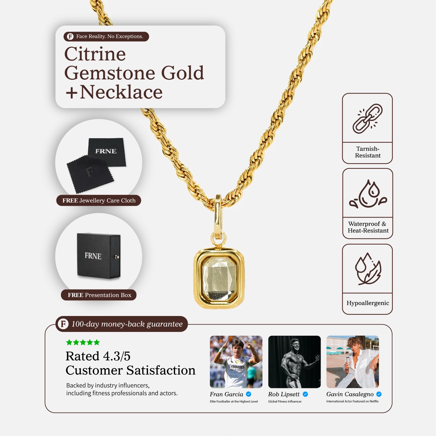 FRNE citrine gemstone gold pendant necklace with rectangular yellow stone and product features including tarnish resistant waterproof and hypoallergenic benefits