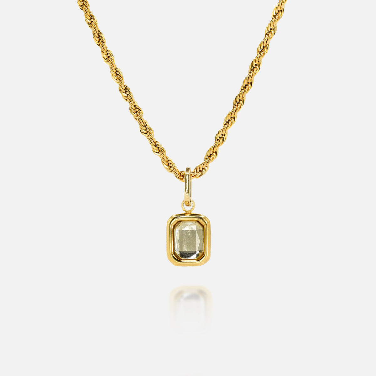 FRNE citrine gemstone gold pendant necklace with rectangular yellow stone on white background