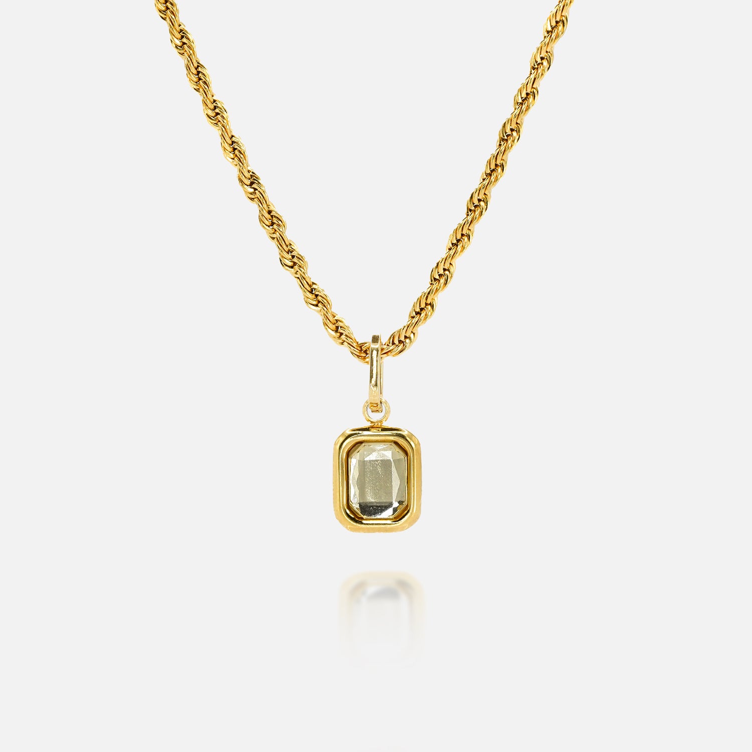 FRNE citrine gemstone gold pendant necklace with rectangular yellow stone on white background
