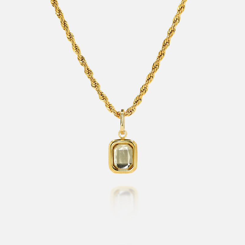 FRNE citrine gemstone gold pendant necklace with rectangular yellow stone on white background