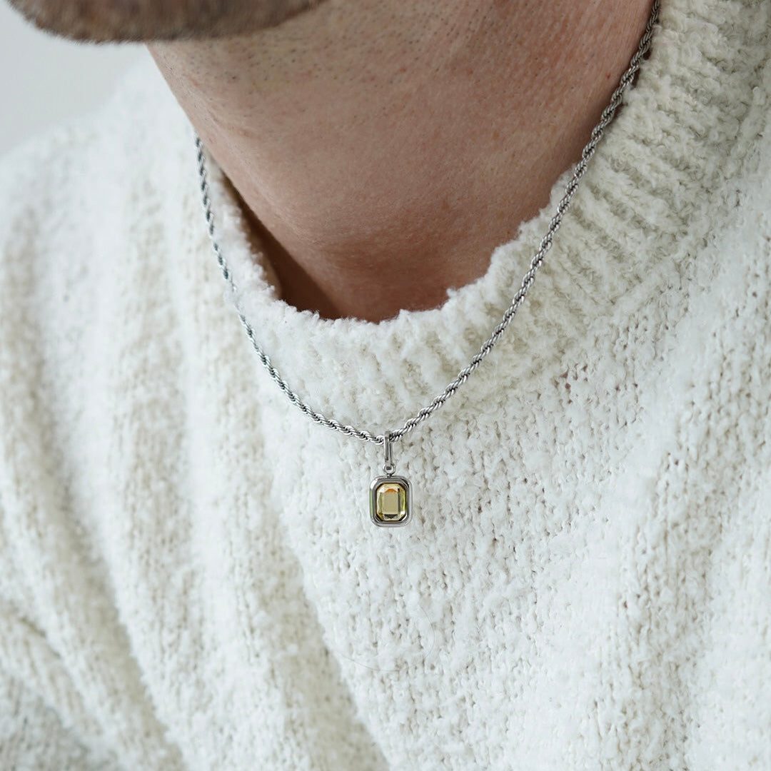 FRNE citrine gemstone sterling silver pendant necklace with yellow stone worn on neck with white sweater close up