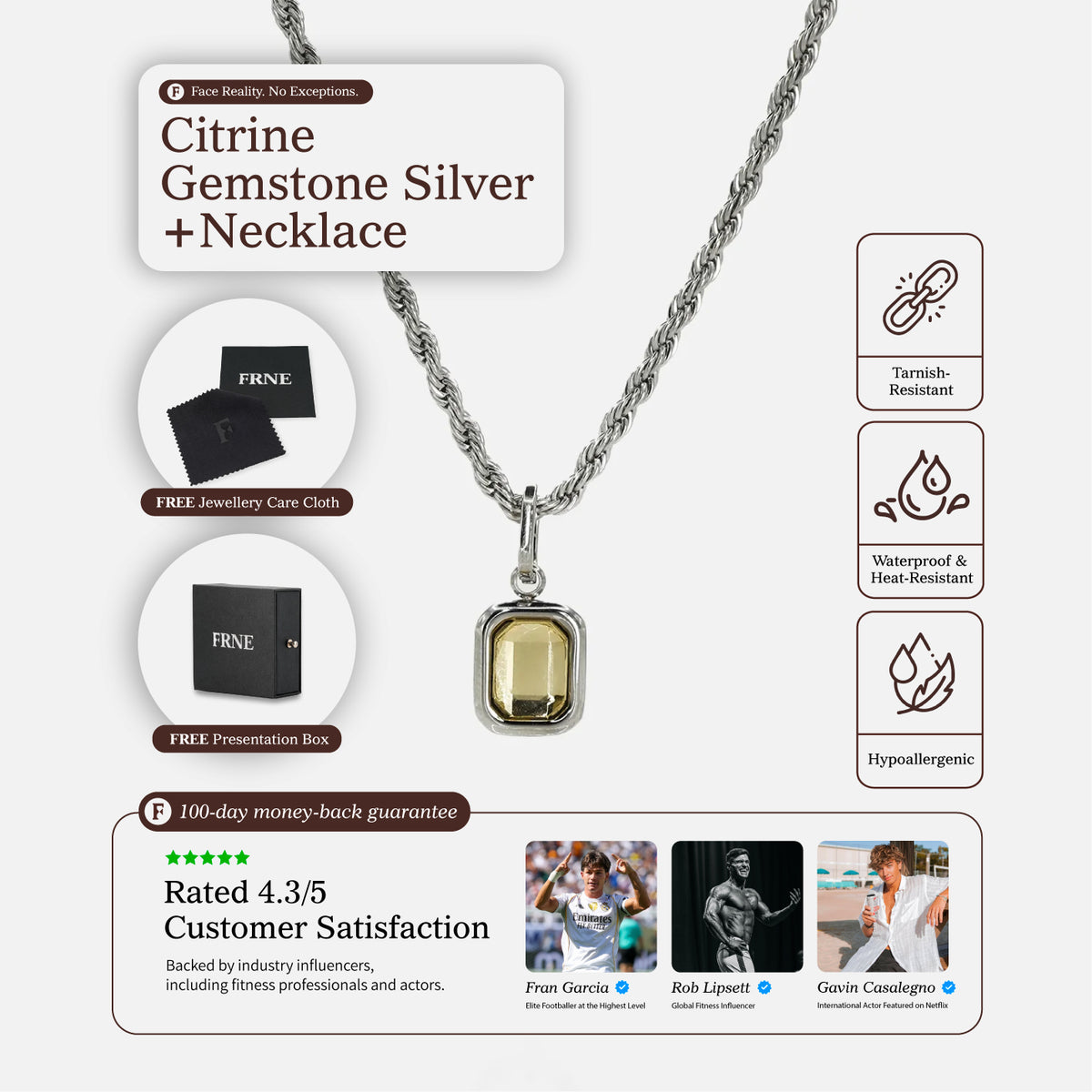 FRNE citrine gemstone sterling silver pendant necklace with yellow stone and product features including tarnish resistant waterproof and hypoallergenic details