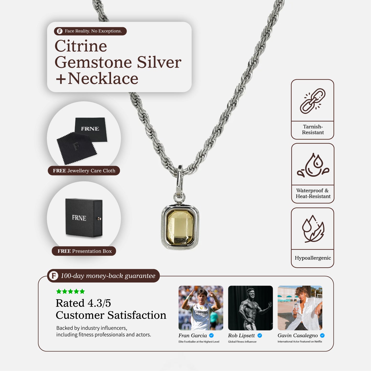FRNE citrine gemstone sterling silver pendant necklace with yellow stone and product features including tarnish resistant waterproof and hypoallergenic details