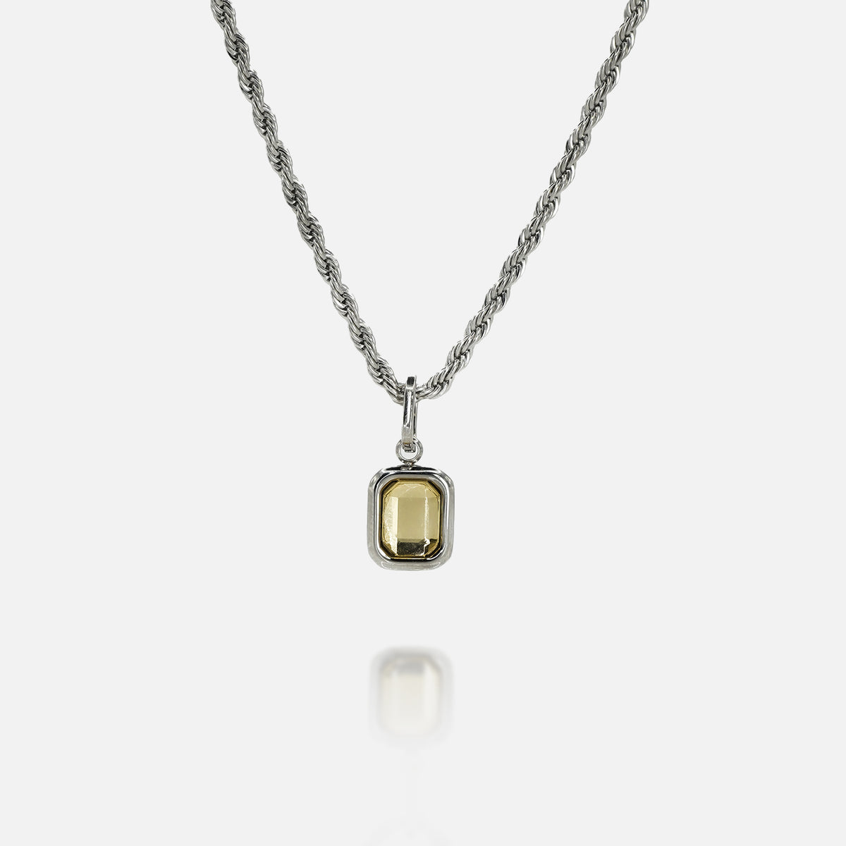 FRNE citrine gemstone sterling silver pendant necklace with rectangular yellow stone on white background