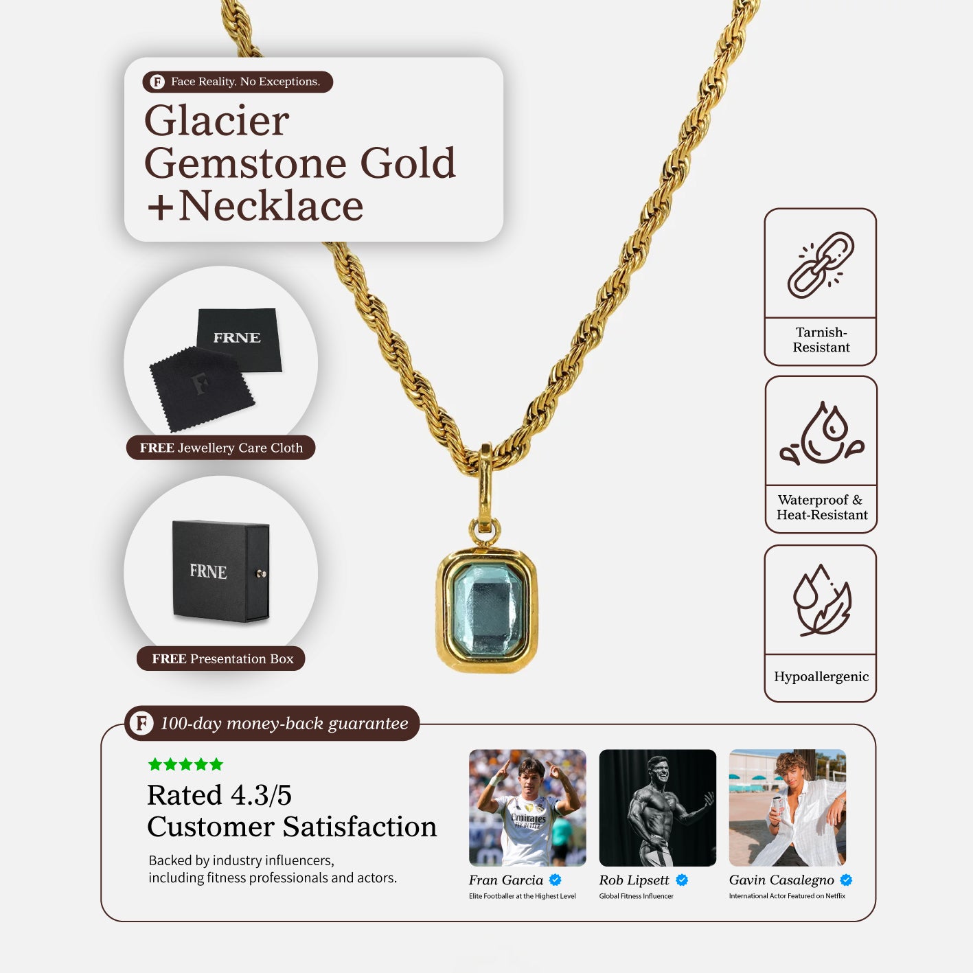 FRNE glacier blue gemstone gold necklace on a white background, featuring a rectangular light blue stone pendant on a gold rope chain, with icons showing tarnish-resistant, waterproof and hypoallergenic properties, plus included jewellery care cloth, presentation box and customer rating details