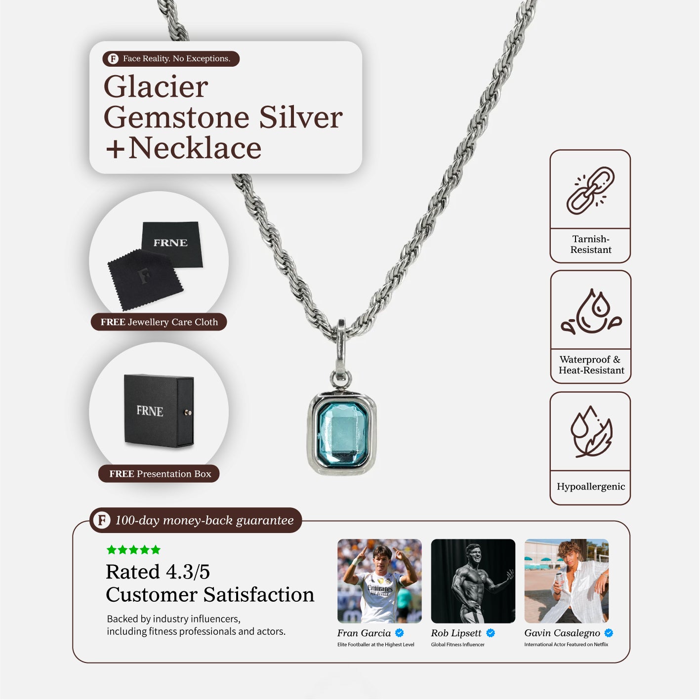 FRNE glacier blue gemstone silver pendant necklace with rectangular light blue stone on a silver chain, shown with product feature icons, packaging, and customer rating details on a white background