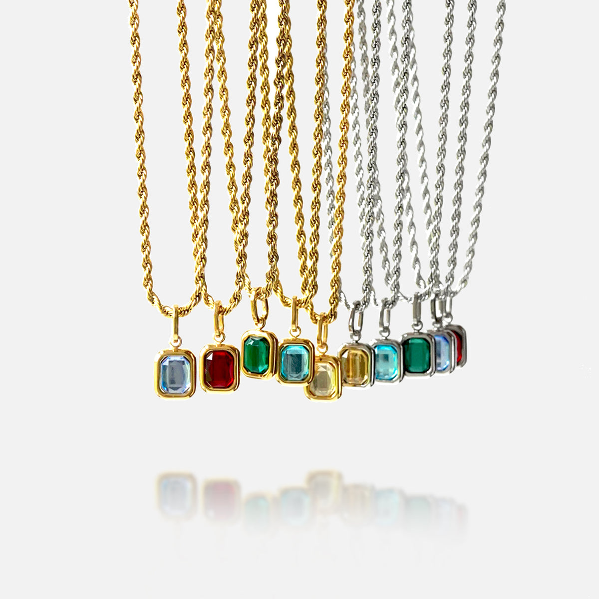 FRNE gold and sterling silver gemstone pendant necklaces collection with multiple colored rectangular stones on white background