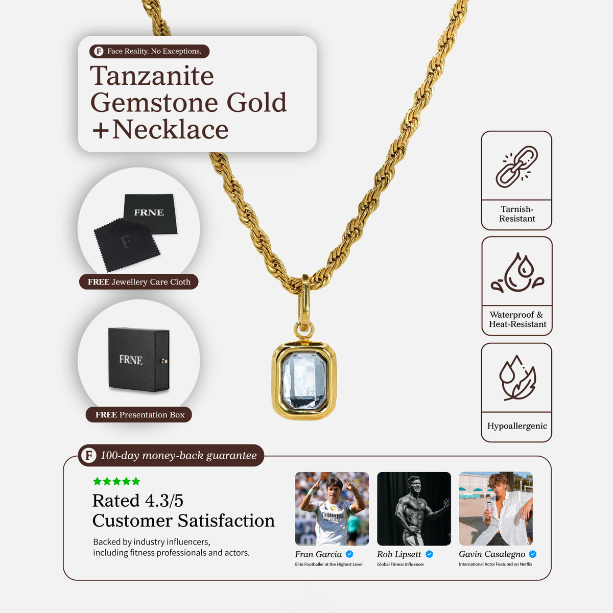 FRNE gold tanzanite pendant necklace with blue gemstone and product features including tarnish resistant waterproof and hypoallergenic details