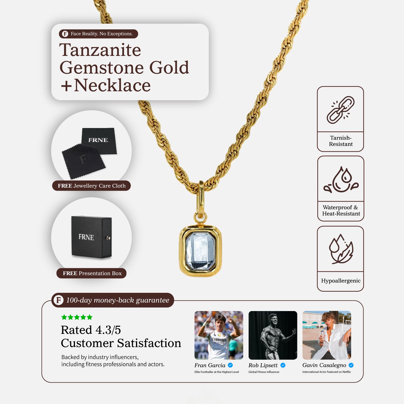 FRNE gold tanzanite pendant necklace with blue gemstone and product features including tarnish resistant waterproof and hypoallergenic details