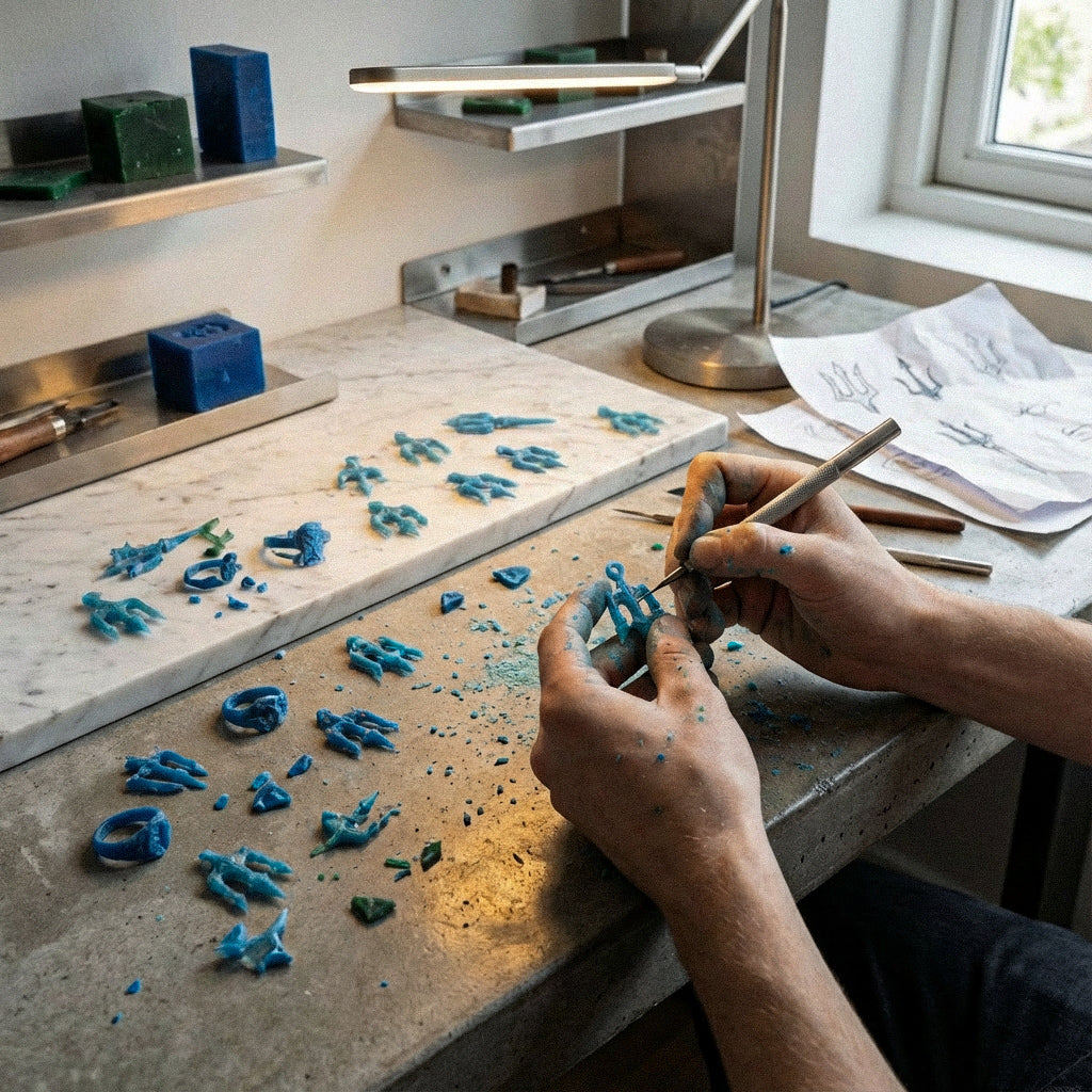 Jewellery designer carving blue wax models of pendants by hand on a workbench with tools and sketches nearby