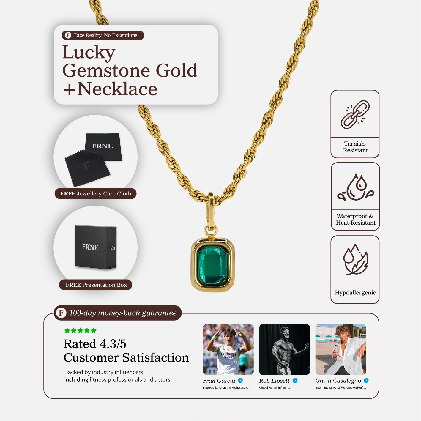 FRNE lucky gemstone gold necklace with a rectangular emerald-green pendant displayed on a white background, featuring product details, icons for tarnish resistance, waterproof durability, and hypoallergenic materials, along with packaging visuals and customer rating information