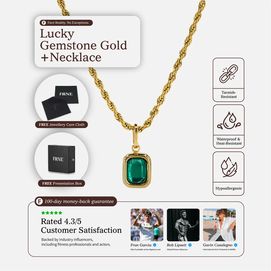 FRNE lucky gemstone gold necklace with a rectangular emerald-green pendant displayed on a white background, featuring product details, icons for tarnish resistance, waterproof durability, and hypoallergenic materials, along with packaging visuals and customer rating information