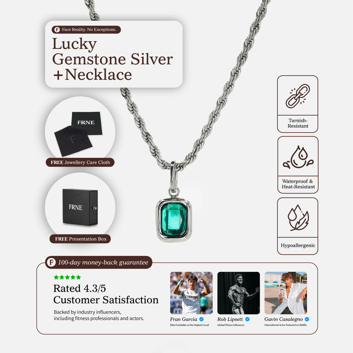 Lucky gemstone silver necklace with a rectangular green pendant displayed on a white background with product features, packaging, and customer rating details