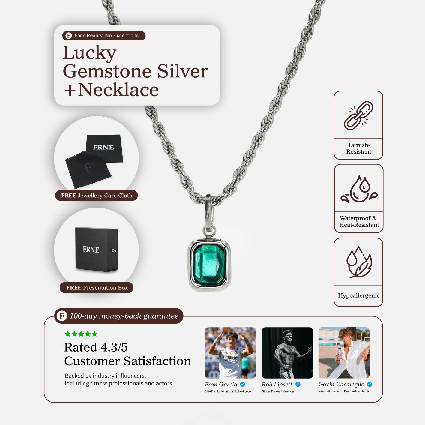 Lucky gemstone silver necklace with a rectangular green pendant displayed on a white background with product features, packaging, and customer rating details