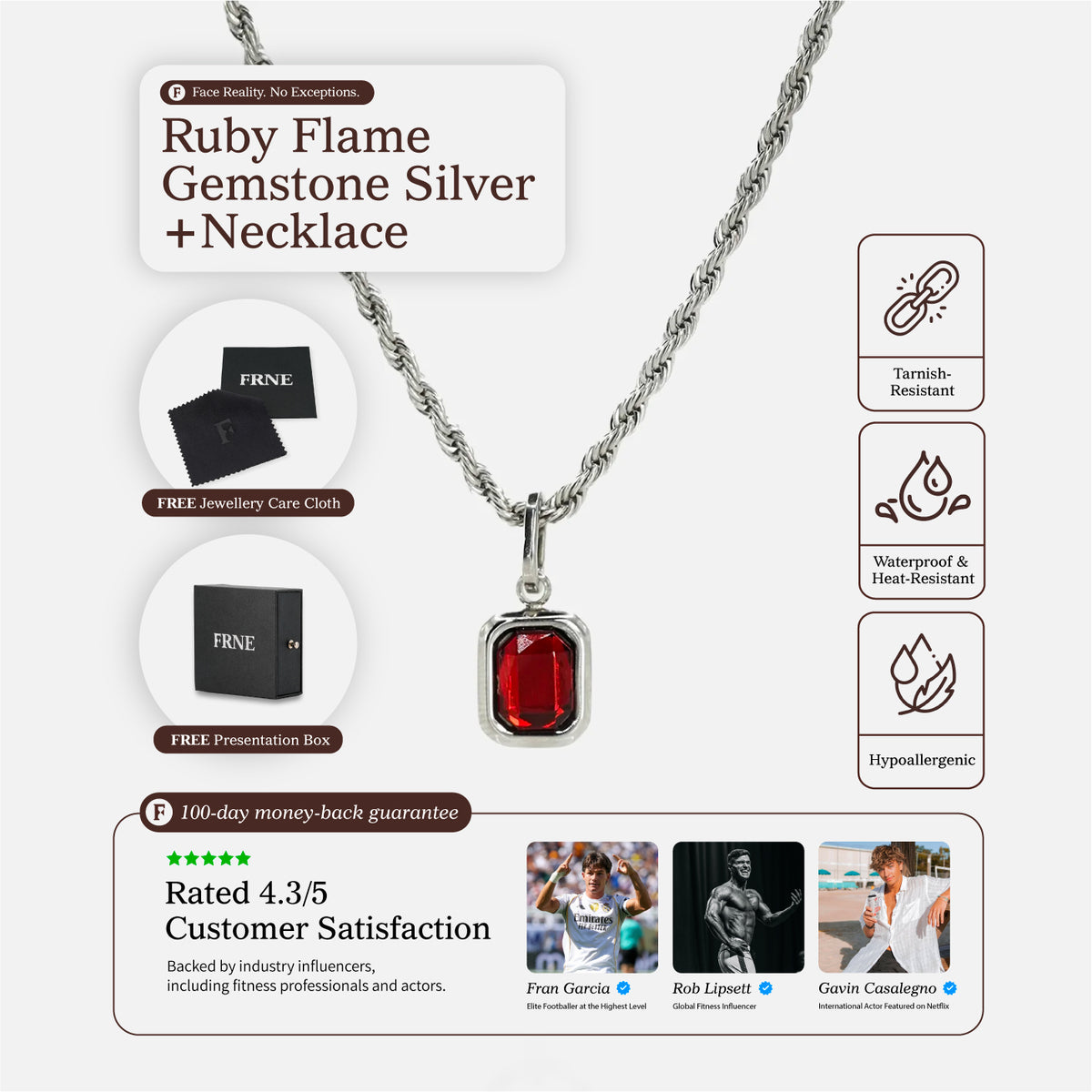 FRNE ruby flame red gemstone silver necklace on a white background, featuring a rectangular deep red stone pendant on a silver rope chain, with icons highlighting tarnish-resistant, waterproof and hypoallergenic properties, plus included jewellery care cloth, presentation box and customer rating details