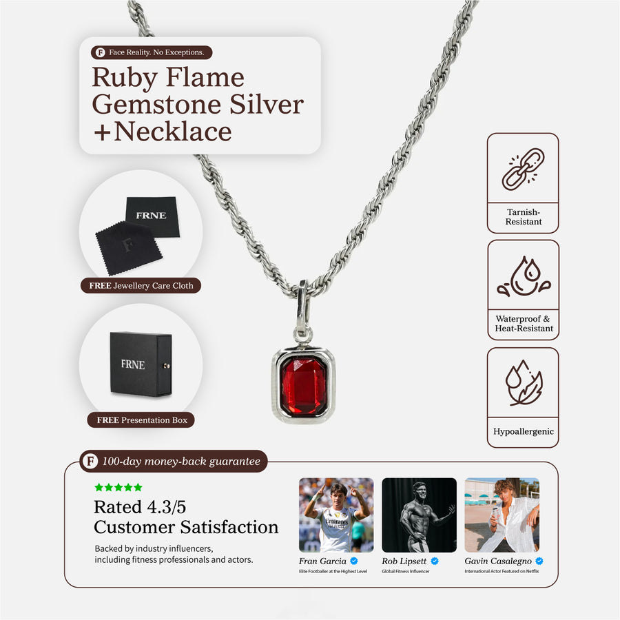 FRNE ruby flame red gemstone silver necklace on a white background, featuring a rectangular deep red stone pendant on a silver rope chain, with icons highlighting tarnish-resistant, waterproof and hypoallergenic properties, plus included jewellery care cloth, presentation box and customer rating details