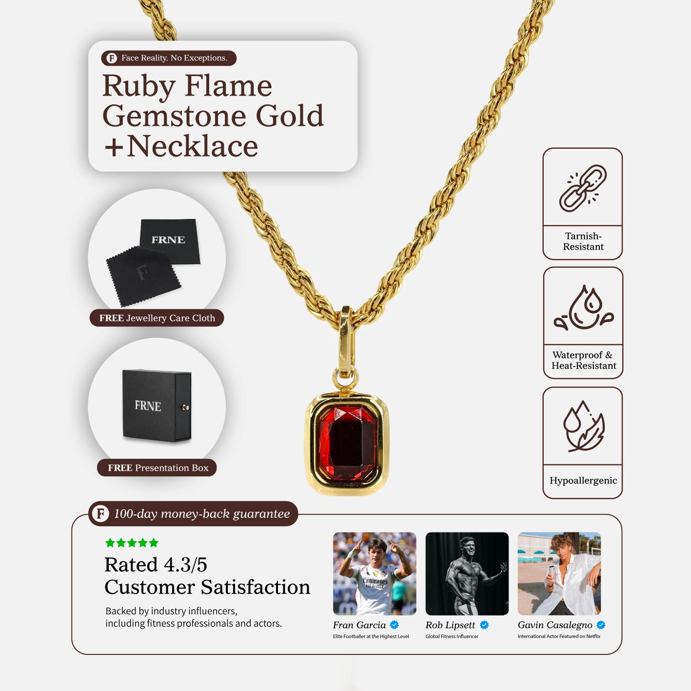 FRNE ruby flame red gemstone gold necklace displayed on a white background with product details, featuring a rectangular deep red pendant on a gold chain alongside icons for tarnish resistance, waterproof durability, and hypoallergenic properties, plus customer rating and packaging visuals