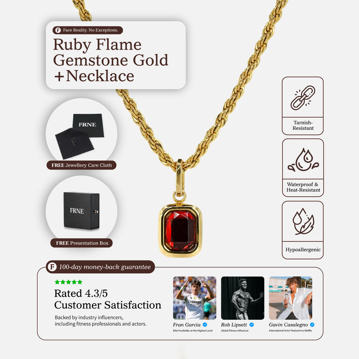 FRNE ruby flame red gemstone gold necklace displayed on a white background with product details, featuring a rectangular deep red pendant on a gold chain alongside icons for tarnish resistance, waterproof durability, and hypoallergenic properties, plus customer rating and packaging visuals