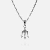 Silver trident pendant necklace on a silver chain displayed against a clean white background