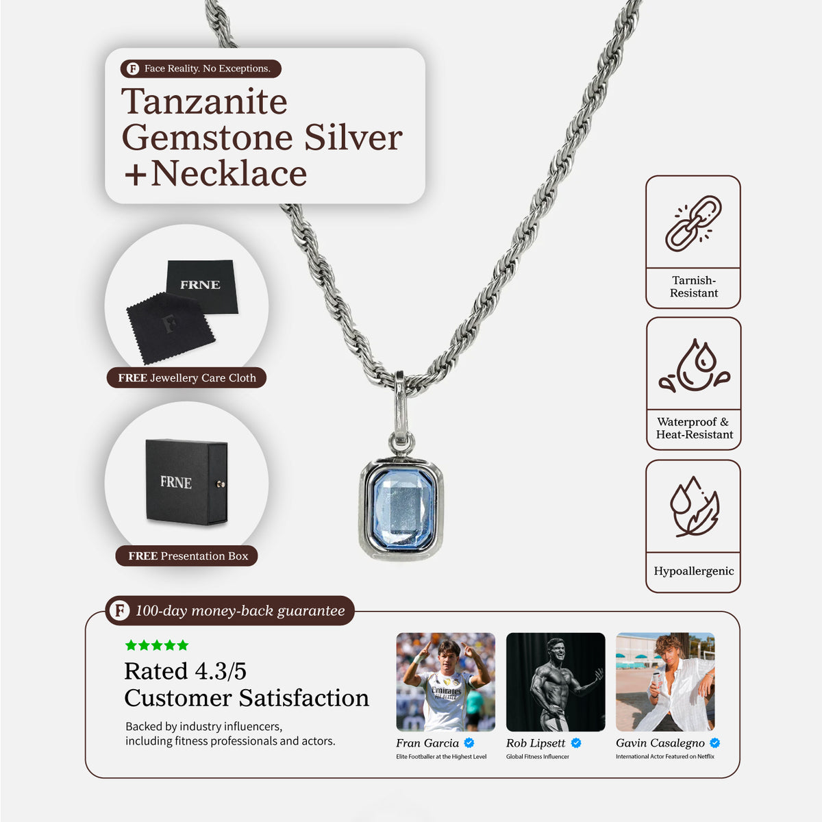 Tanzanite sterling silver pendant necklace with blue gemstone and product features including tarnish resistant waterproof and hypoallergenic details