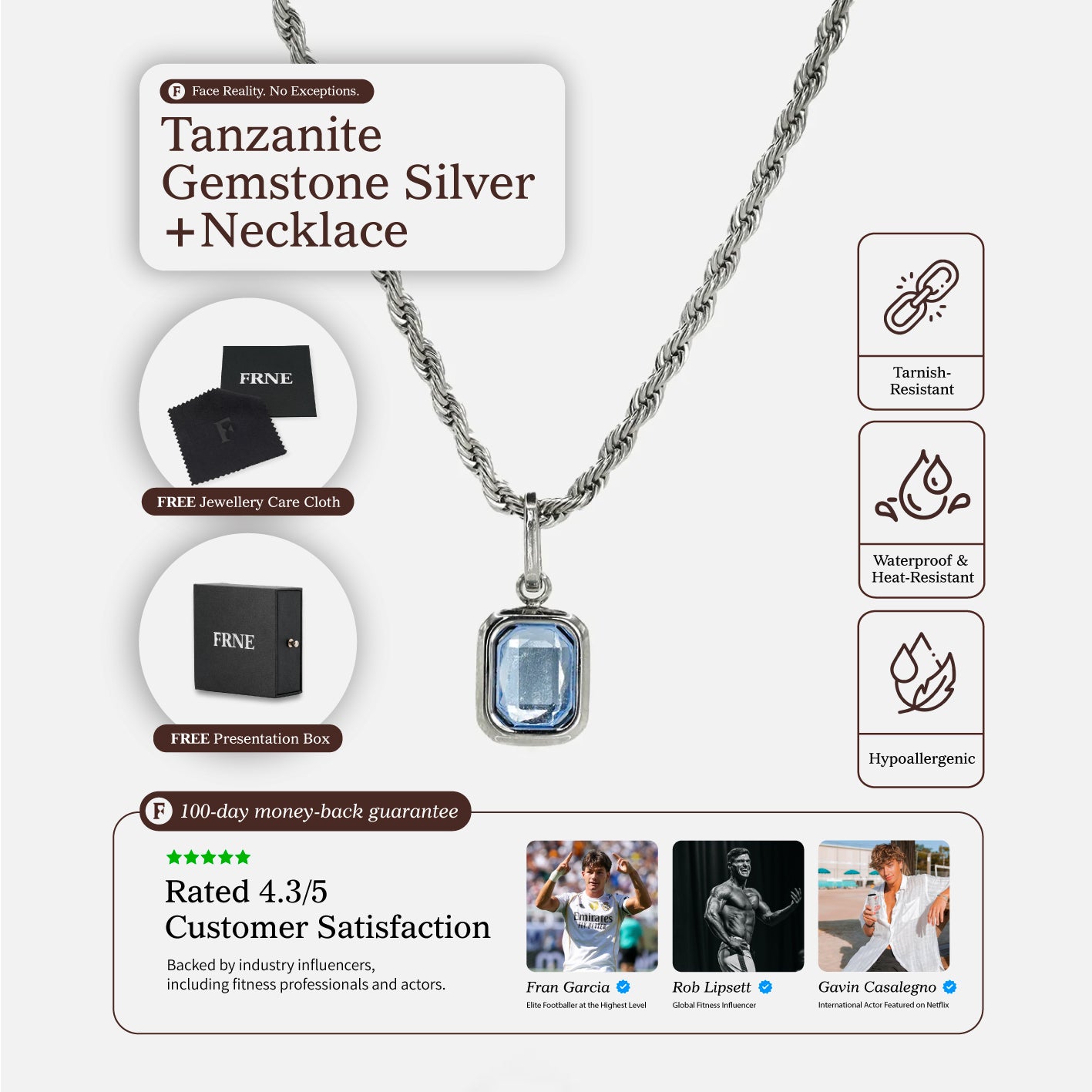 Tanzanite sterling silver pendant necklace with blue gemstone and product features including tarnish resistant waterproof and hypoallergenic details